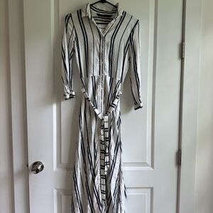 Zara button down, tie waist dress. White with navy blue stripes. Size S.